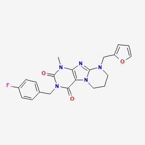 molecular formula C21H20FN5O3 B2668097 3-[(4-fluorophenyl)methyl]-9-(furan-2-ylmethyl)-1-methyl-7,8-dihydro-6H-purino[7,8-a]pyrimidine-2,4-dione CAS No. 862192-44-7