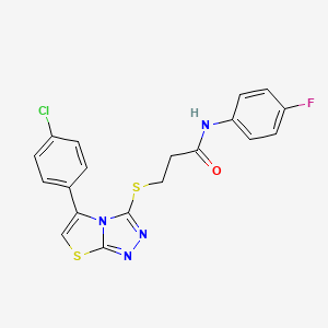 molecular formula C19H14ClFN4OS2 B2668155 3-((5-(4-chlorophenyl)thiazolo[2,3-c][1,2,4]triazol-3-yl)thio)-N-(4-fluorophenyl)propanamide CAS No. 671200-09-2