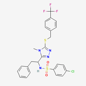 molecular formula C25H22ClF3N4O2S2 B2668213 4-chloro-N-[1-(4-methyl-5-{[4-(trifluoromethyl)benzyl]sulfanyl}-4H-1,2,4-triazol-3-yl)-2-phenylethyl]benzenesulfonamide CAS No. 338794-29-9