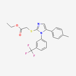 molecular formula C21H19F3N2O2S B2668226 乙酸 2-((5-(对甲苯基)-1-(3-(三氟甲基)苯基)-1H-咪唑-2-基)硫)酯 CAS No. 1226445-68-6