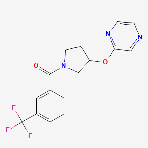 molecular formula C16H14F3N3O2 B2668236 (3-(Pyrazin-2-yloxy)pyrrolidin-1-yl)(3-(trifluoromethyl)phenyl)methanone CAS No. 2034395-92-9
