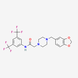 molecular formula C22H21F6N3O3 B2668269 2-[4-(1,3-苯并二氧杂环[5.5.1]十一烷-5-基甲基)哌嗪-1-基]-N-[3,5-双(三氟甲基)苯基]乙酰胺 CAS No. 1023546-52-2