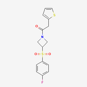 molecular formula C15H14FNO3S2 B2668294 1-(3-((4-Fluorophenyl)sulfonyl)azetidin-1-yl)-2-(thiophen-2-yl)ethanone CAS No. 1797176-69-2