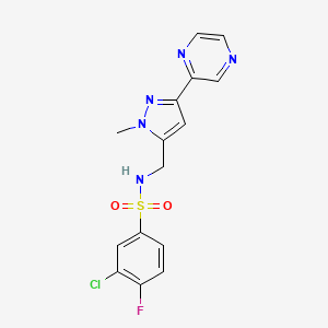 molecular formula C15H13ClFN5O2S B2668388 3-chloro-4-fluoro-N-((1-methyl-3-(pyrazin-2-yl)-1H-pyrazol-5-yl)methyl)benzenesulfonamide CAS No. 2034374-04-2