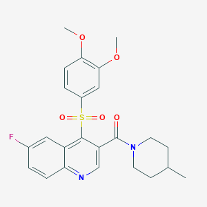molecular formula C24H25FN2O5S B2668453 4-[(3,4-Dimethoxyphenyl)sulfonyl]-6-fluoro-3-[(4-methylpiperidin-1-yl)carbonyl]quinoline CAS No. 1111164-75-0