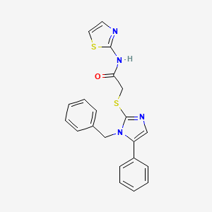 molecular formula C21H18N4OS2 B2668494 2-((1-benzyl-5-phenyl-1H-imidazol-2-yl)thio)-N-(thiazol-2-yl)acetamide CAS No. 1207008-48-7