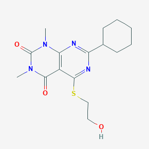 molecular formula C16H22N4O3S B2668541 7-Cyclohexyl-5-(2-hydroxyethylsulfanyl)-1,3-dimethylpyrimido[4,5-d]pyrimidine-2,4-dione CAS No. 872621-25-5