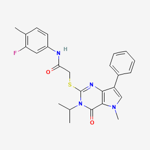 molecular formula C25H25FN4O2S B2668572 N-(3-fluoro-4-methylphenyl)-2-{[5-methyl-4-oxo-7-phenyl-3-(propan-2-yl)-3H,4H,5H-pyrrolo[3,2-d]pyrimidin-2-yl]sulfanyl}acetamide CAS No. 1115338-49-2