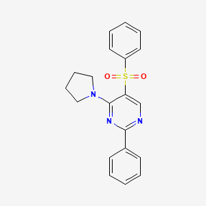 molecular formula C20H19N3O2S B2668603 2-苯基-5-(苯基磺酰)-4-(1-吡咯啉基)嘧啶 CAS No. 478067-73-1