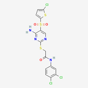 molecular formula C16H11Cl3N4O3S3 B2668615 2-((4-氨基-5-((5-氯噻吩-2-基)磺酰基)嘧啶-2-基)硫)-N-(3,4-二氯苯基)乙酰胺 CAS No. 1223903-85-2