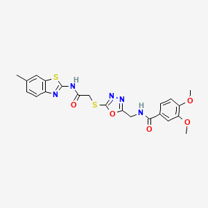 molecular formula C22H21N5O5S2 B2668624 3,4-dimethoxy-N-((5-((2-((6-methylbenzo[d]thiazol-2-yl)amino)-2-oxoethyl)thio)-1,3,4-oxadiazol-2-yl)methyl)benzamide CAS No. 851862-83-4