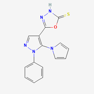molecular formula C15H11N5OS B2668731 5-[1-phenyl-5-(1H-pyrrol-1-yl)-1H-pyrazol-4-yl]-1,3,4-oxadiazol-2-ylhydrosulfide CAS No. 477709-37-8