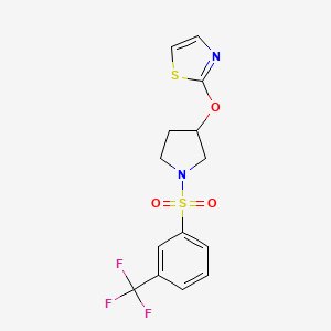 molecular formula C14H13F3N2O3S2 B2668743 2-((1-((3-(Trifluoromethyl)phenyl)sulfonyl)pyrrolidin-3-yl)oxy)thiazole CAS No. 2199424-58-1