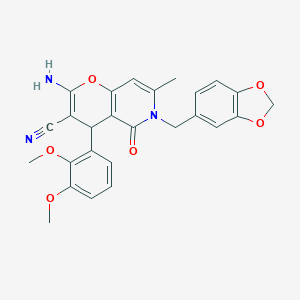 molecular formula C26H23N3O6 B266881 2-amino-6-(1,3-benzodioxol-5-ylmethyl)-4-(2,3-dimethoxyphenyl)-7-methyl-5-oxo-5,6-dihydro-4H-pyrano[3,2-c]pyridine-3-carbonitrile 