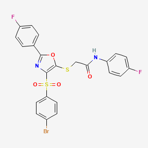 molecular formula C23H15BrF2N2O4S2 B2668829 2-((4-((4-bromophenyl)sulfonyl)-2-(4-fluorophenyl)oxazol-5-yl)thio)-N-(4-fluorophenyl)acetamide CAS No. 850927-43-4