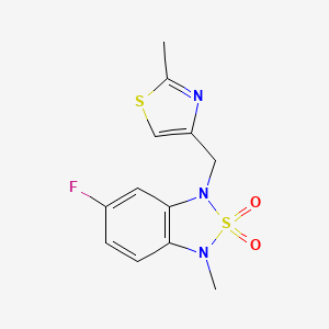 molecular formula C12H12FN3O2S2 B2668845 5-Fluoro-1-methyl-3-((2-methylthiazol-4-yl)methyl)-1,3-dihydrobenzo[c][1,2,5]thiadiazole 2,2-dioxide CAS No. 2034398-88-2