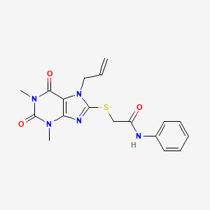 molecular formula C18H19N5O3S B2668871 2-{[1,3-dimethyl-2,6-dioxo-7-(prop-2-en-1-yl)-2,3,6,7-tetrahydro-1H-purin-8-yl]sulfanyl}-N-phenylacetamide CAS No. 378203-21-5