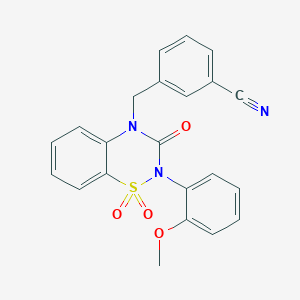 molecular formula C22H17N3O4S B2668906 3-((2-(2-methoxyphenyl)-1,1-dioxido-3-oxo-2H-benzo[e][1,2,4]thiadiazin-4(3H)-yl)methyl)benzonitrile CAS No. 1029791-45-4