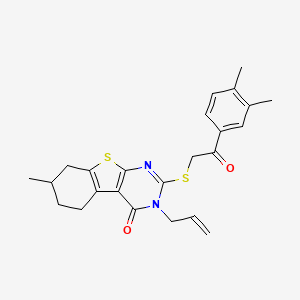 molecular formula C24H26N2O2S2 B2668990 5-{[2-(3,4-Dimethylphenyl)-2-oxoethyl]sulfanyl}-11-methyl-4-(prop-2-en-1-yl)-8-thia-4,6-diazatricyclo[7.4.0.0^{2,7}]trideca-1(9),2(7),5-trien-3-one CAS No. 690646-28-7