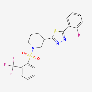 molecular formula C20H17F4N3O2S2 B2668996 2-(2-Fluorophenyl)-5-(1-((2-(trifluoromethyl)phenyl)sulfonyl)piperidin-3-yl)-1,3,4-thiadiazole CAS No. 1351660-35-9