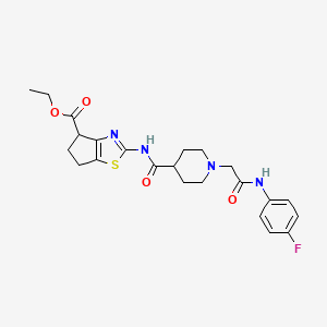 molecular formula C23H27FN4O4S B2669071 ethyl 2-(1-(2-((4-fluorophenyl)amino)-2-oxoethyl)piperidine-4-carboxamido)-5,6-dihydro-4H-cyclopenta[d]thiazole-4-carboxylate CAS No. 1207022-85-2