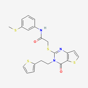 molecular formula C21H19N3O2S4 B2669132 N-[3-(甲硫基)苯基]-2-({4-氧代-3-[2-(噻吩-2-基)乙基]-3,4-二氢噻吩并[3,2-d]嘧啶-2-基}硫基)乙酰胺 CAS No. 1260945-64-9