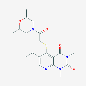 molecular formula C19H26N4O4S B2669152 5-((2-(2,6-二甲基吗啉基)-2-氧代乙基)硫)-6-乙基-1,3-二甲基吡啶并[2,3-d]嘧啶-2,4(1H,3H)-二酮 CAS No. 899747-75-2