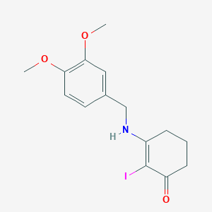 molecular formula C15H18INO3 B2669297 3-(((3,4-Dimethoxyphenyl)methyl)amino)-2-iodocyclohex-2-EN-1-one CAS No. 1024134-57-3