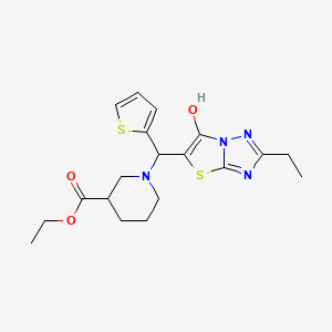 molecular formula C19H24N4O3S2 B2669342 Ethyl 1-((2-ethyl-6-hydroxythiazolo[3,2-b][1,2,4]triazol-5-yl)(thiophen-2-yl)methyl)piperidine-3-carboxylate CAS No. 886907-14-8