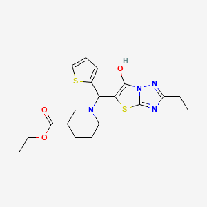 molecular formula C19H24N4O3S2 B2669342 乙酸1-((2-乙基-6-羟基噻唑并[3,2-b][1,2,4]三唑-5-基)(噻吩-2-基)甲基哌啶-3-甲酸乙酯 CAS No. 886907-14-8