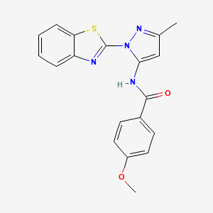 molecular formula C19H16N4O2S B2669383 N-[2-(1,3-benzothiazol-2-yl)-5-methylpyrazol-3-yl]-4-methoxybenzamide CAS No. 380489-84-9
