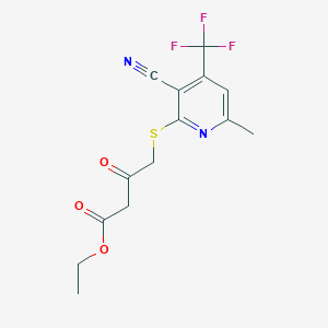 molecular formula C14H13F3N2O3S B2669386 乙酸4-{[3-氰基-6-甲基-4-(三氟甲基)吡啶-2-基]硫基}-3-氧代丁酸酯 CAS No. 290299-67-1