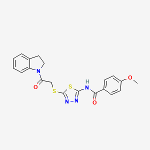 molecular formula C20H18N4O3S2 B2669405 N-(5-((2-(indolin-1-yl)-2-oxoethyl)thio)-1,3,4-thiadiazol-2-yl)-4-methoxybenzamide CAS No. 392300-78-6