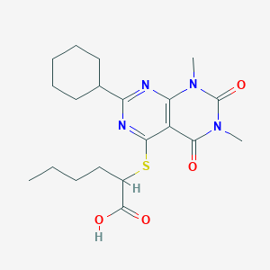 molecular formula C20H28N4O4S B2669411 2-((2-Cyclohexyl-6,8-dimethyl-5,7-dioxo-5,6,7,8-tetrahydropyrimido[4,5-d]pyrimidin-4-yl)thio)hexanoic acid CAS No. 872627-48-0