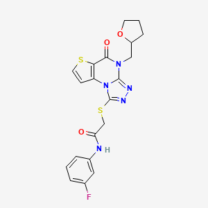 molecular formula C20H18FN5O3S2 B2669441 N-(3-fluorophenyl)-2-((5-oxo-4-((tetrahydrofuran-2-yl)methyl)-4,5-dihydrothieno[2,3-e][1,2,4]triazolo[4,3-a]pyrimidin-1-yl)thio)acetamide CAS No. 1215499-10-7