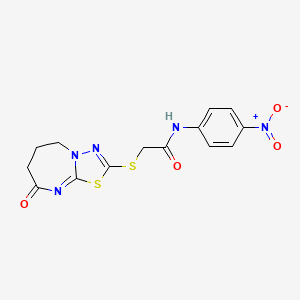 molecular formula C14H13N5O4S2 B2669452 N-(4-nitrophenyl)-2-[(8-oxo-6,7-dihydro-5H-[1,3,4]thiadiazolo[3,2-a][1,3]diazepin-2-yl)sulfanyl]acetamide CAS No. 851130-60-4