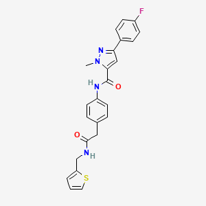molecular formula C24H21FN4O2S B2669506 3-(4-fluorophenyl)-1-methyl-N-(4-(2-oxo-2-((thiophen-2-ylmethyl)amino)ethyl)phenyl)-1H-pyrazole-5-carboxamide CAS No. 1396627-95-4