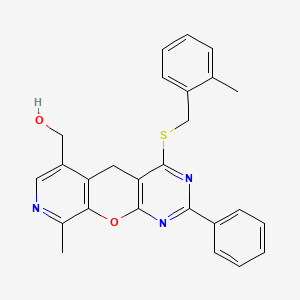 molecular formula C26H23N3O2S B2669527 (14-Methyl-7-{[(2-methylphenyl)methyl]sulfanyl}-5-phenyl-2-oxa-4,6,13-triazatricyclo[8.4.0.0^{3,8}]tetradeca-1(10),3(8),4,6,11,13-hexaen-11-yl)methanol CAS No. 892416-45-4
