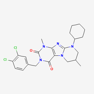 molecular formula C23H27Cl2N5O2 B2669600 9-Cyclohexyl-3-[(3,4-dichlorophenyl)methyl]-1,7-dimethyl-7,8-dihydro-6H-purino[7,8-a]pyrimidine-2,4-dione CAS No. 921077-35-2