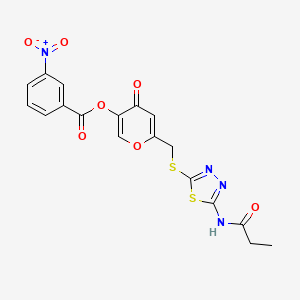 molecular formula C18H14N4O7S2 B2669616 4-oxo-6-(((5-propionamido-1,3,4-thiadiazol-2-yl)thio)methyl)-4H-pyran-3-yl 3-nitrobenzoate CAS No. 896019-16-2