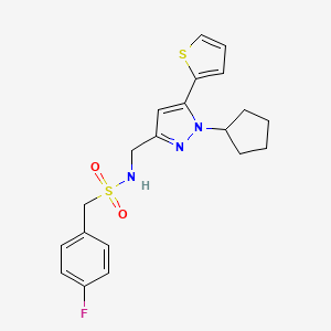 molecular formula C20H22FN3O2S2 B2669621 N-((1-cyclopentyl-5-(thiophen-2-yl)-1H-pyrazol-3-yl)methyl)-1-(4-fluorophenyl)methanesulfonamide CAS No. 1421475-60-6