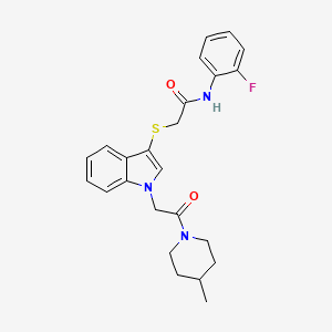 molecular formula C24H26FN3O2S B2669644 N-(2-氟苯基)-2-((1-(2-(4-甲基哌啶-1-基)-2-氧代乙基)-1H-吲哚-3-基)硫)乙酰胺 CAS No. 878056-00-9
