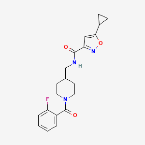 molecular formula C20H22FN3O3 B2669661 5-cyclopropyl-N-((1-(2-fluorobenzoyl)piperidin-4-yl)methyl)isoxazole-3-carboxamide CAS No. 1396863-99-2