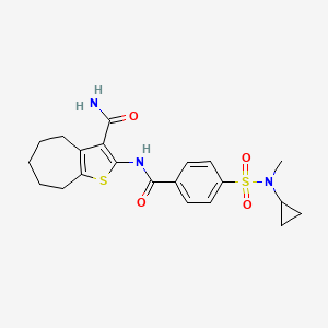molecular formula C21H25N3O4S2 B2669665 2-(4-(N-cyclopropyl-N-methylsulfamoyl)benzamido)-5,6,7,8-tetrahydro-4H-cyclohepta[b]thiophene-3-carboxamide CAS No. 923434-79-1