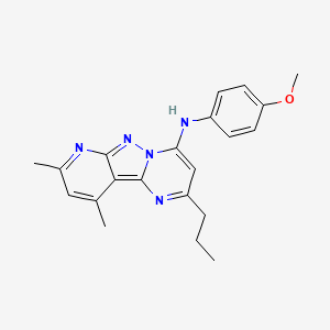 molecular formula C21H23N5O B2669679 N-(4-methoxyphenyl)-11,13-dimethyl-4-propyl-3,7,8,10-tetraazatricyclo[7.4.0.0^{2,7}]trideca-1,3,5,8,10,12-hexaen-6-amine CAS No. 890623-23-1