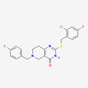 molecular formula C21H18ClF2N3OS B2669705 2-((2-chloro-4-fluorobenzyl)thio)-6-(4-fluorobenzyl)-5,6,7,8-tetrahydropyrido[4,3-d]pyrimidin-4(3H)-one CAS No. 1112399-50-4