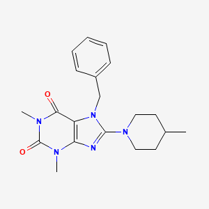 molecular formula C20H25N5O2 B2669719 7-Benzyl-1,3-dimethyl-8-(4-methyl-piperidin-1-yl)-3,7-dihydro-purine-2,6-dione CAS No. 302785-87-1