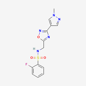 molecular formula C13H12FN5O3S B2669737 2-fluoro-N-((3-(1-methyl-1H-pyrazol-4-yl)-1,2,4-oxadiazol-5-yl)methyl)benzenesulfonamide CAS No. 2034560-19-3