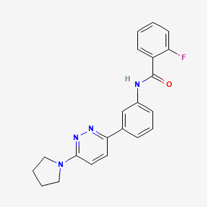 molecular formula C21H19FN4O B2669743 2-氟-N-{3-[6-(1-吡咯啉基)-3-吡啶基]苯基}苯甲酰胺 CAS No. 922809-21-0