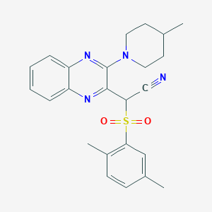 molecular formula C24H26N4O2S B2669754 2-((2,5-Dimethylphenyl)sulfonyl)-2-(3-(4-methylpiperidin-1-yl)quinoxalin-2-yl)acetonitrile CAS No. 844659-77-4